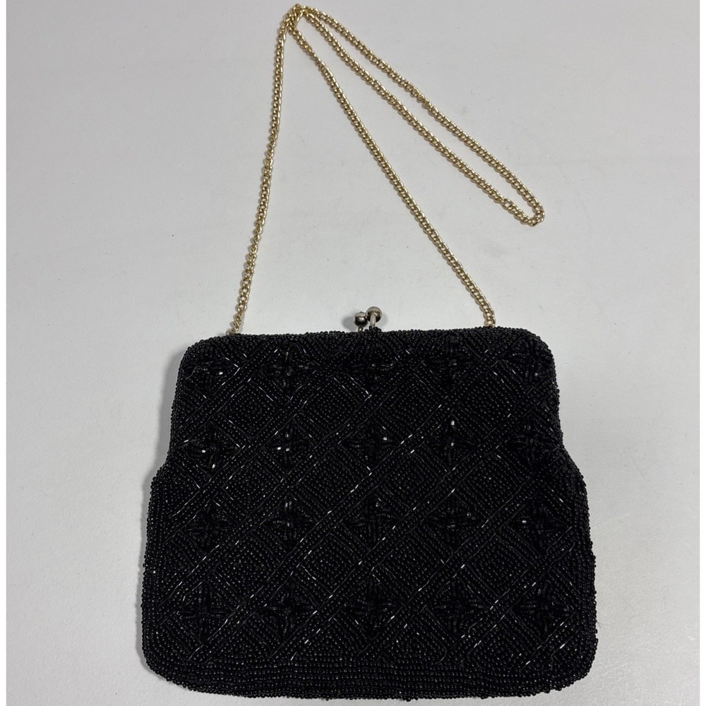 Vintage Black Beaded Evening Bag Diamond Pattern Kisslock Clutch Glam Korea